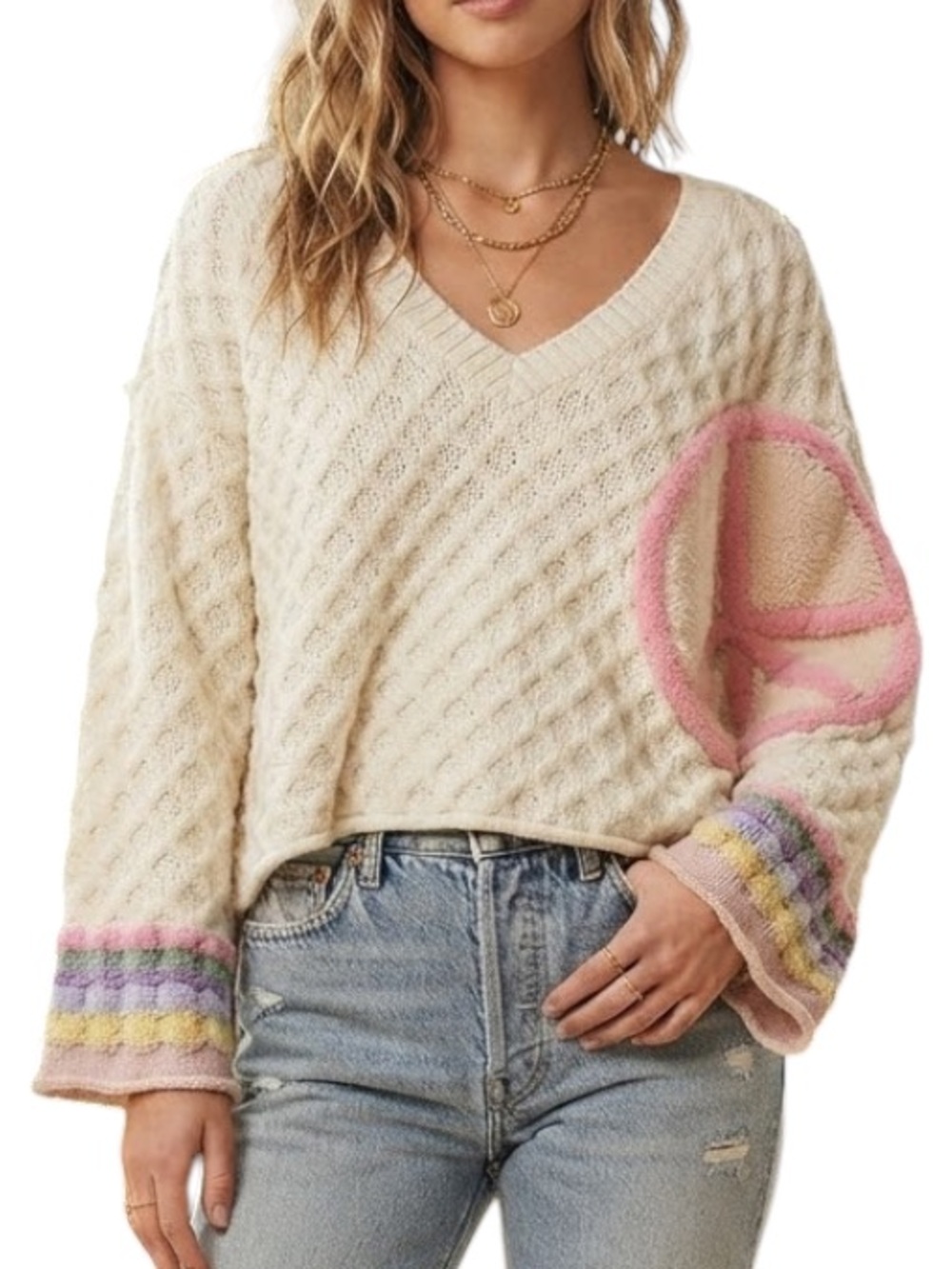 POL Boho Chunky Knit Peace Sign Sweater Cream Pastel Rainbow V-Neck
